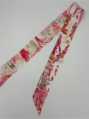 Hermes City of Light Twilly Silk Scarf Rose Jaune d’Or Rouge Pink Red Gold